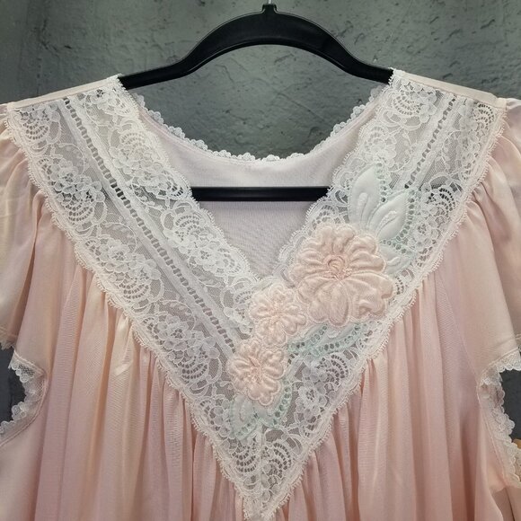 Vintage Shadowline Night Gown Sz S Maxi Peach Pink Nylon Puffy Flower USA NEW - Picture 8 of 16